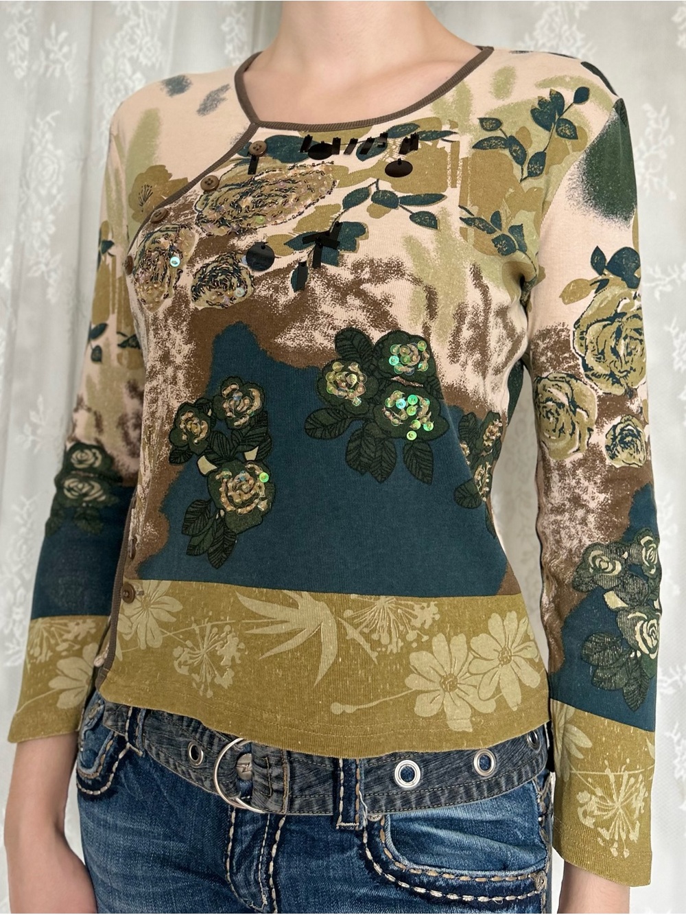Vintage Fairycore Sequin Floral Top